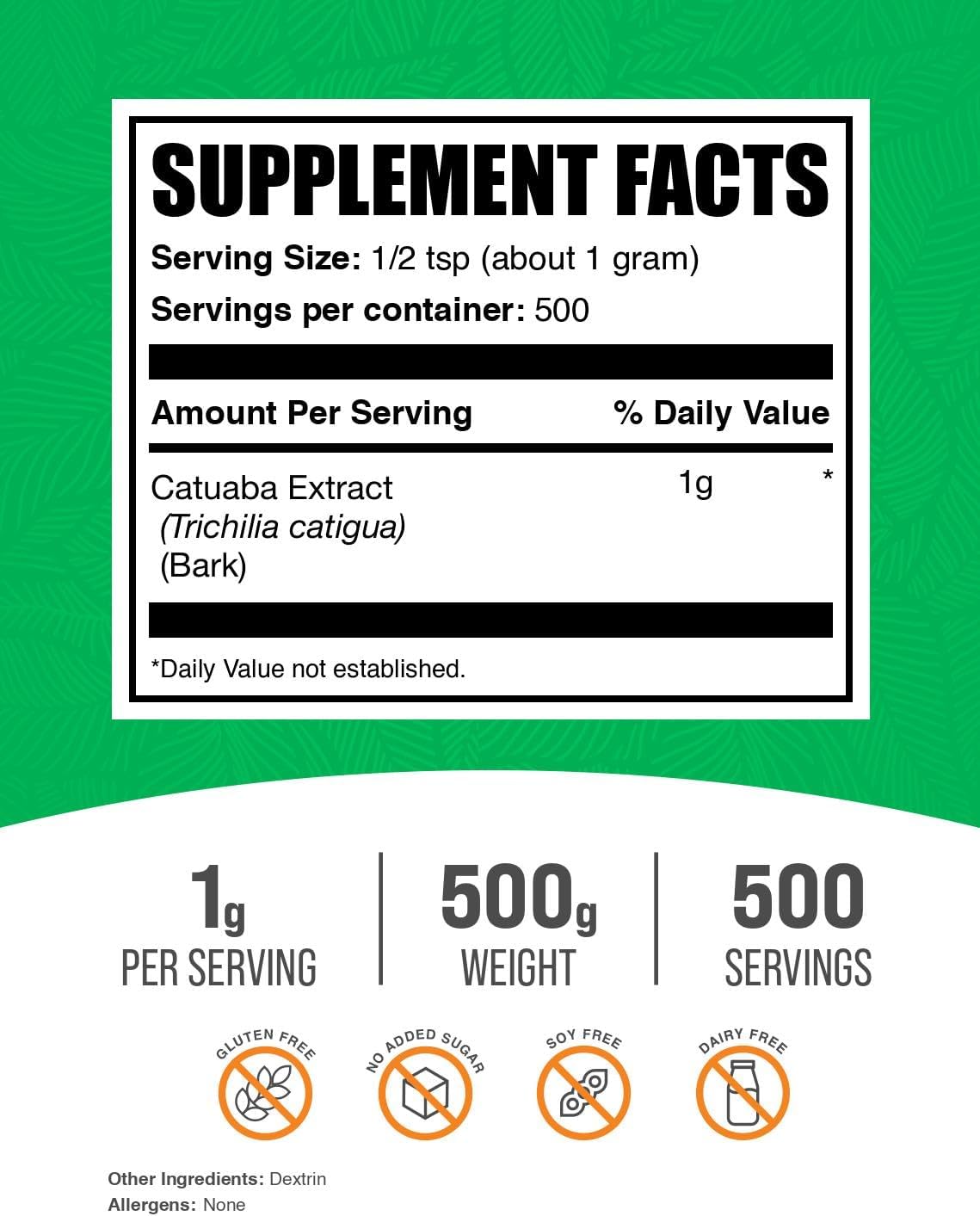 BulkSupplements Catuaba Extract Powder supplement facts and nutritional ingredient label showing vegan gluten free certifications.