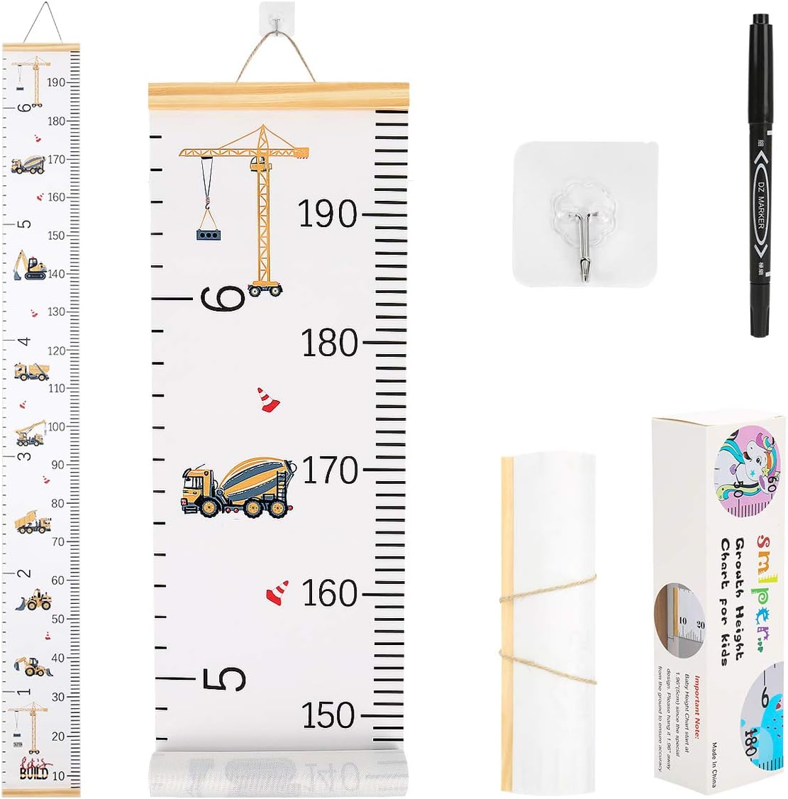 Smlper growth chart for kids with wood frame hanging on nursery wall