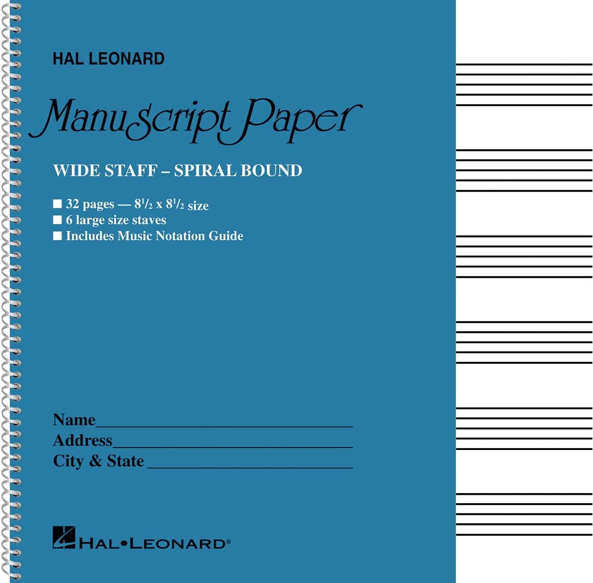 Wide Staff Manuscript Paper (Aqua Cover) | Wire bound Music Composition Notebook for Students and Composers | 6 Large Staves per Page with Music Notation Guide | Blank Sheet Music Book for Musicians - Image 1