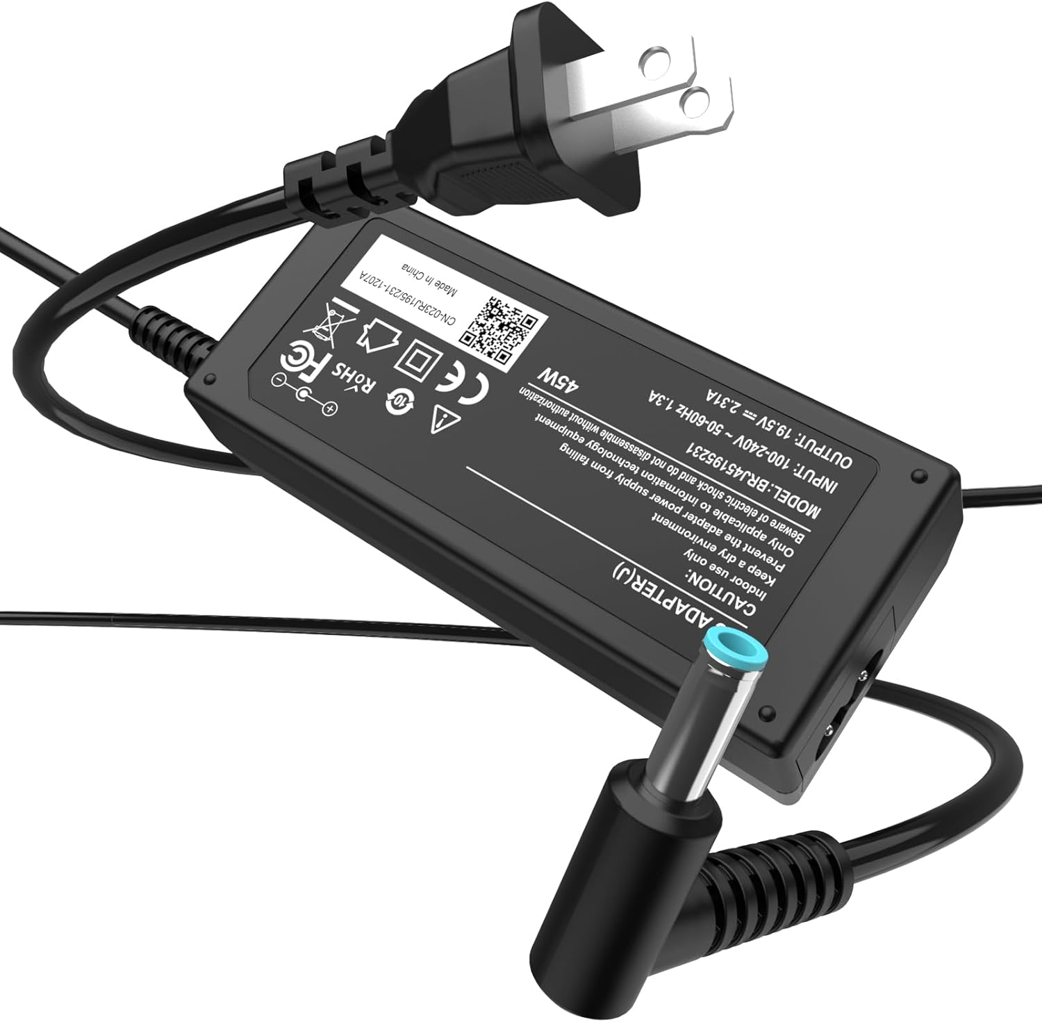ROLADA HP 45W laptop charger front view showing the power brick and smart blue tip connector cord