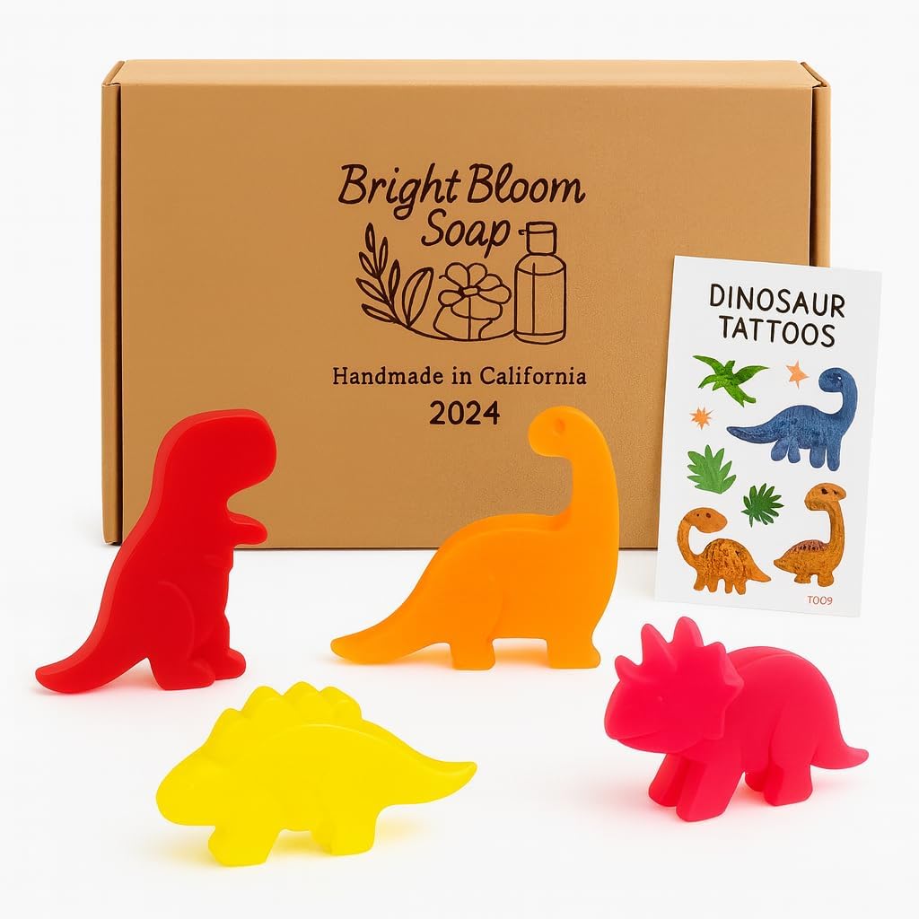 BrightBloom dinosaur shaped kids soap set of 4 front view