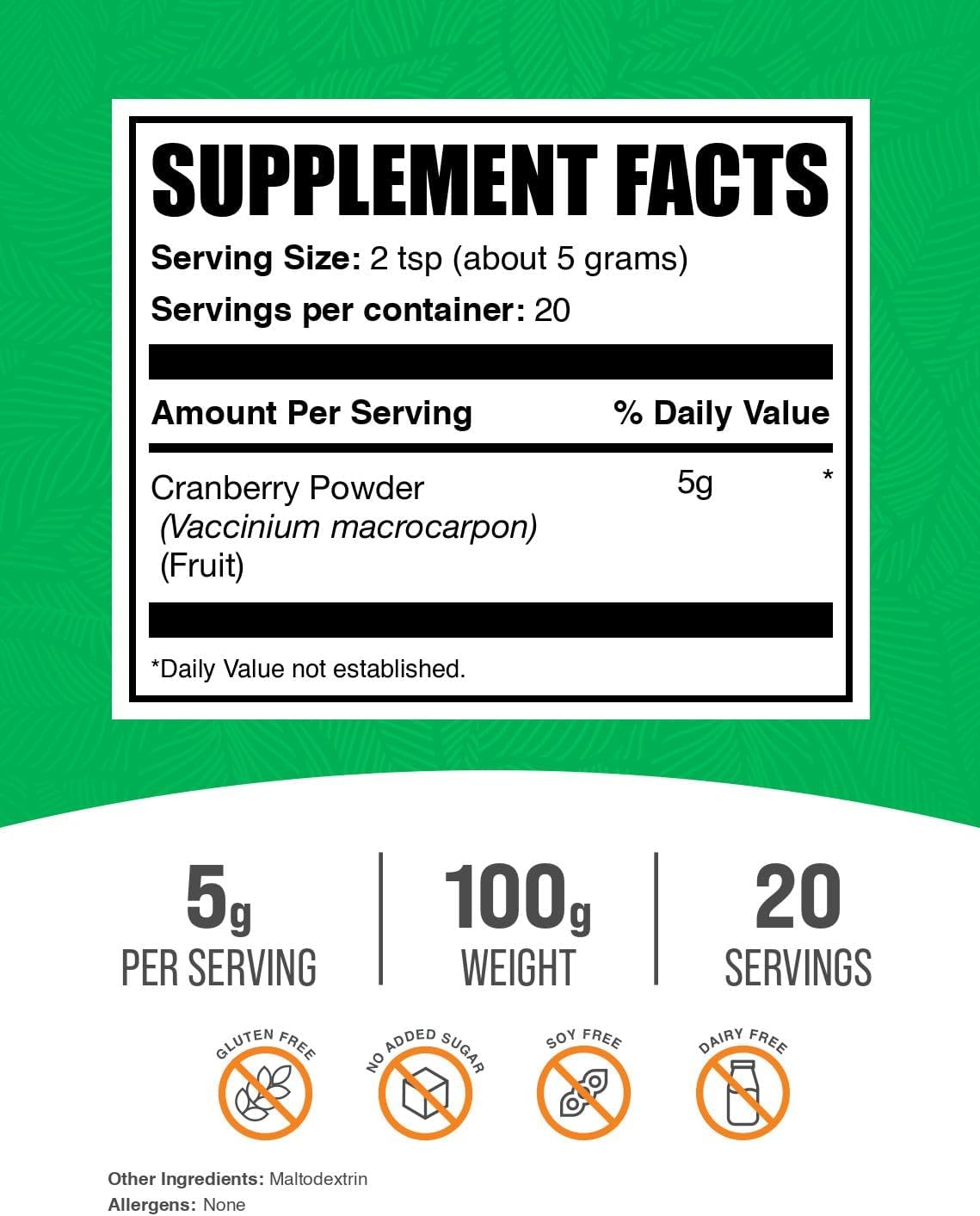 BulkSupplements Cranberry Powder packaging details