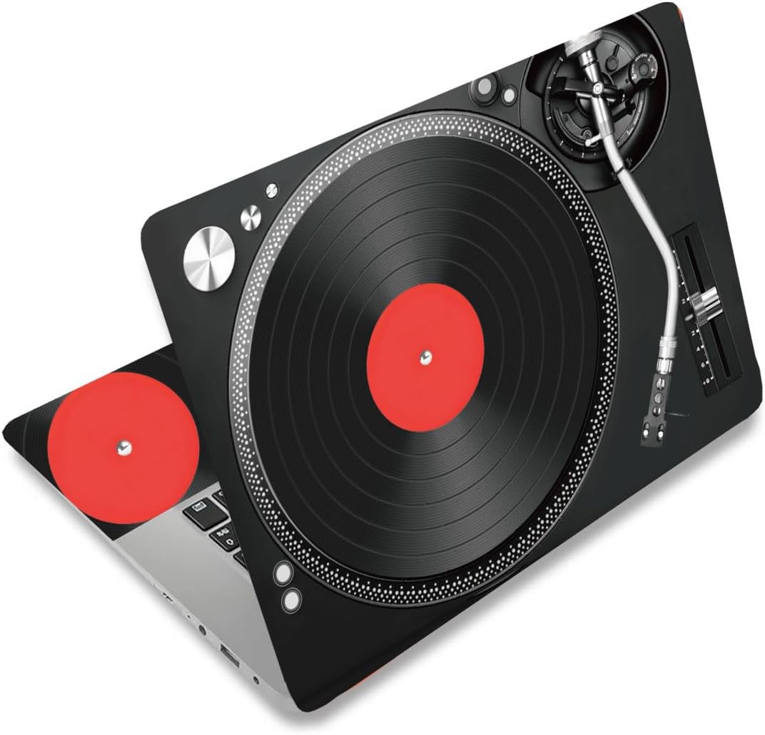 SUPERDANT vintage vinyl record laptop skin front view displaying black turntable design