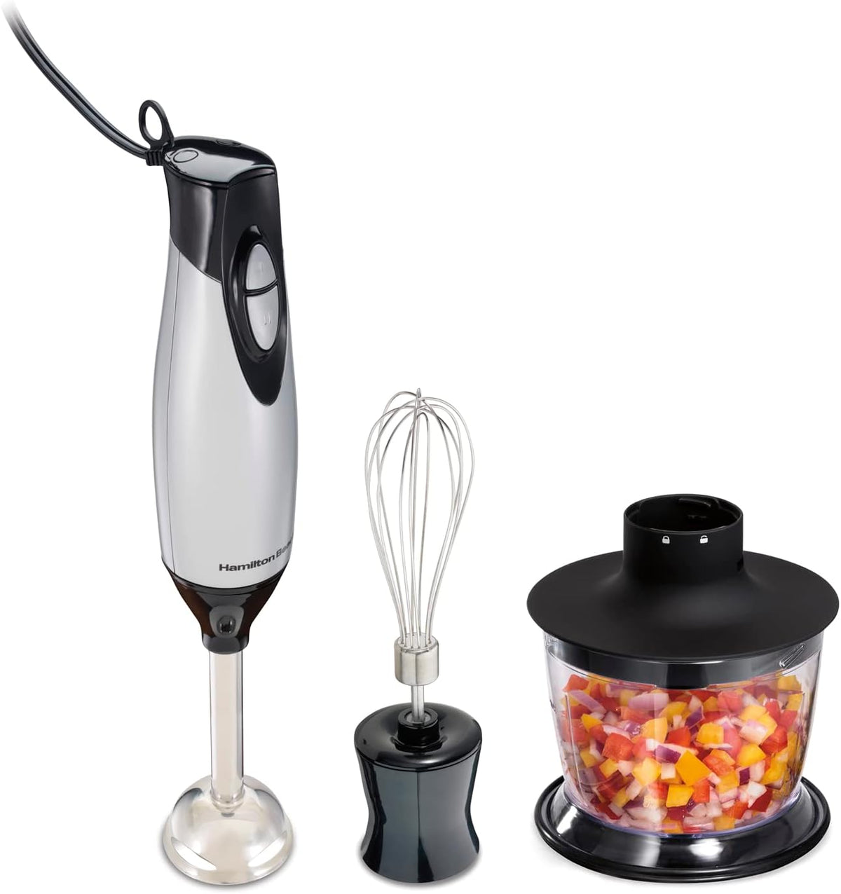 Hamilton Beach 4-in-1 Electric Immersion Hand Blender with Handheld Blending Stick, Whisk + 3-Cup Food & Vegetable Chopper Bowl, 2-Speeds, 225 Watts, Silver and Stainless Steel (59765) - Image 1