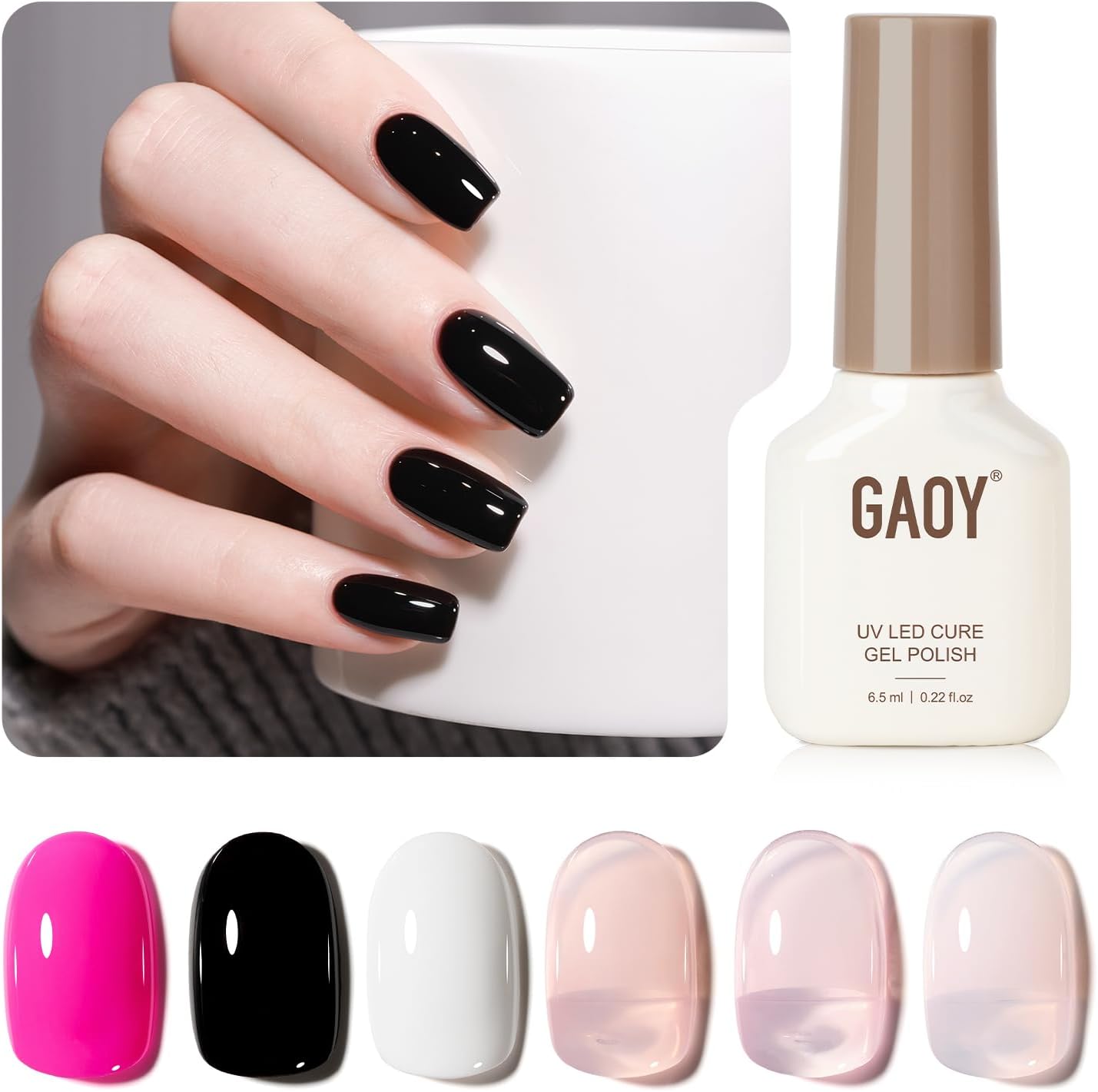 GAOY Black White Gel Nail Polish Set, 6 Colors Hot Pink Jelly Nude, UV Light Cure Gel Polish for Salon and Nail Art DIY at Home - Image 1