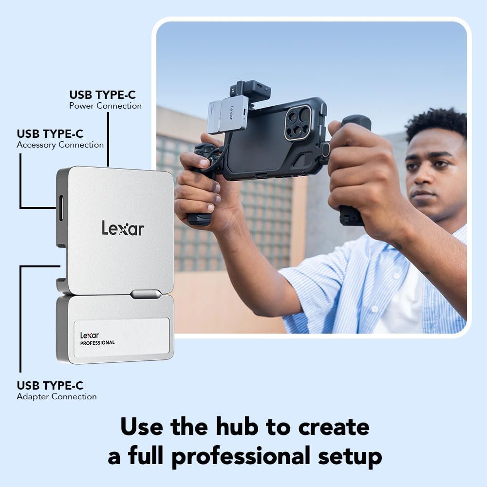 Lexar Go Portable SSD multi-port hub with connected accessories