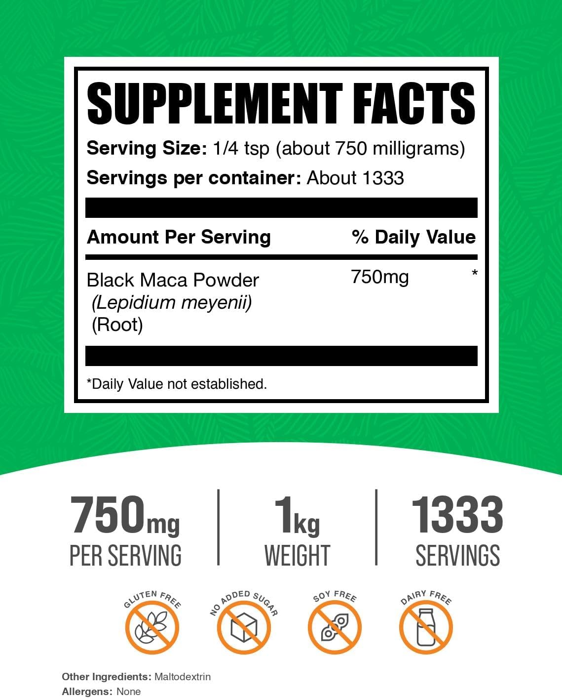 BulkSupplements Black Maca Root nutritional information and serving size label