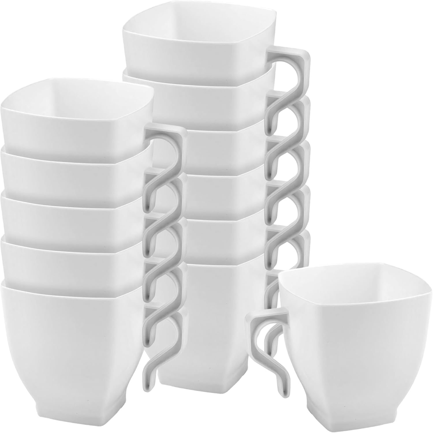 Kaya white square plastic mini coffee tea cups front view on party table
