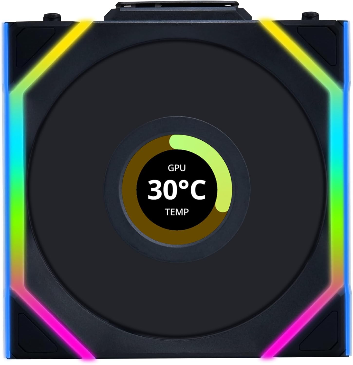 Lian Li UNI Fan SL LCD Wireless 120mm ARGB Black Fan front view displaying hardware monitoring on the 1.6 inch screen.