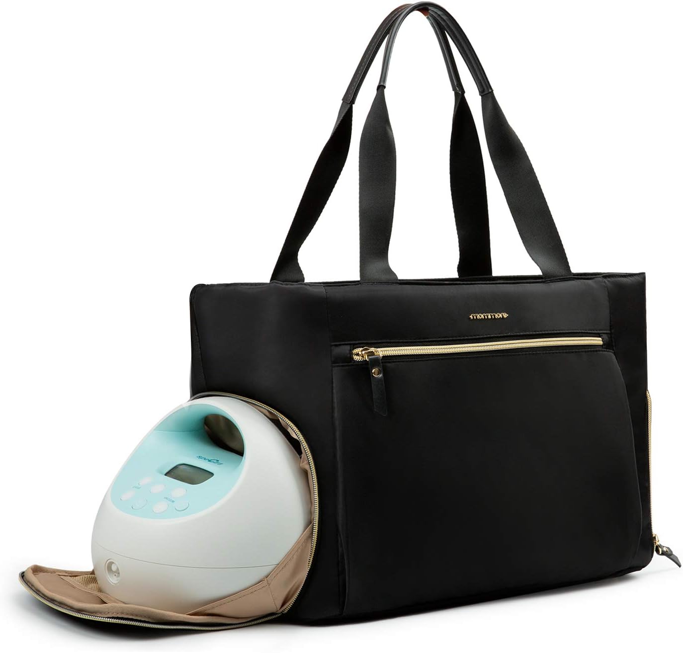 Mommore breast pump bag front view showing black tote design.