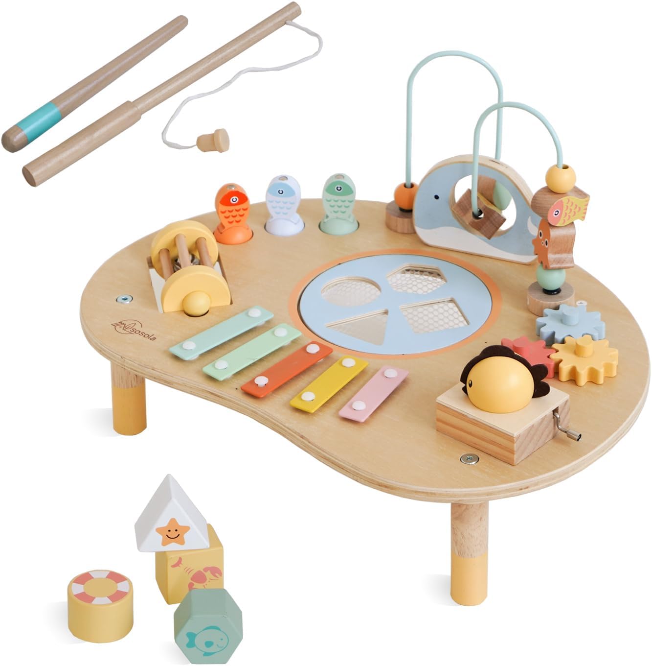 Sosola wooden activity table front view showing the pastel xylophone and bead maze setup for sensory toddler play.