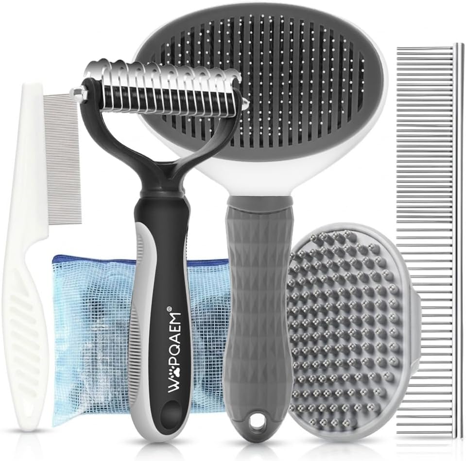 WOPQAEM 5 in 1 dog grooming kit front view featuring gray self cleaning slicker brush and accessories.