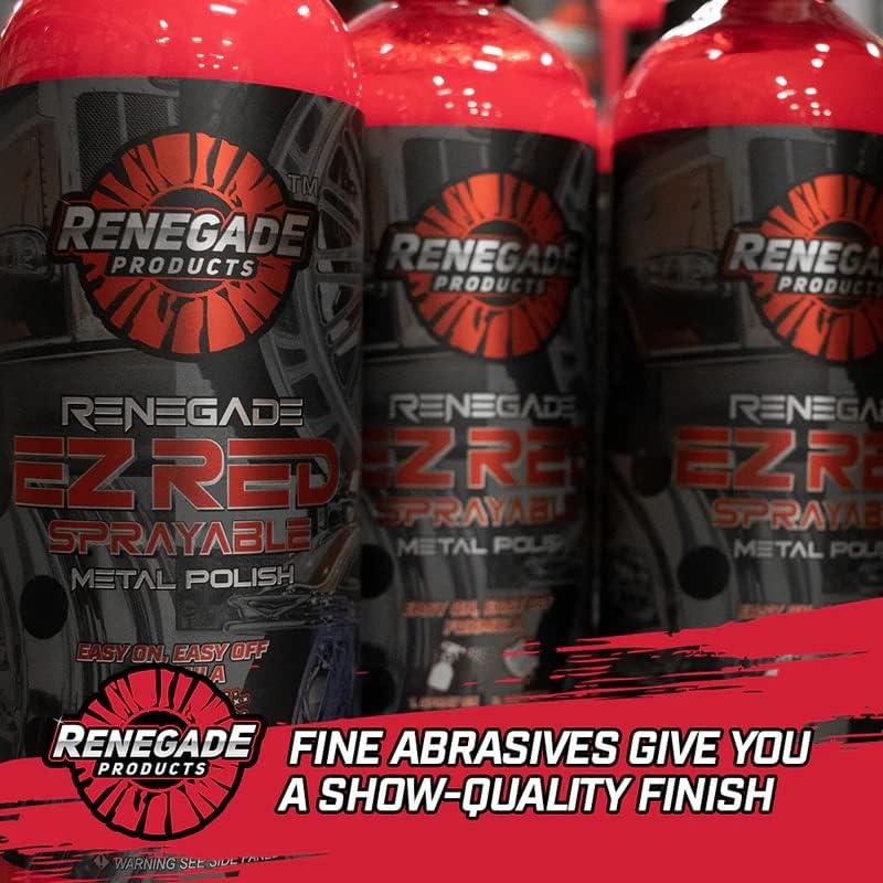 Renegade Products EZ Red spray liquid cleaner bottle highlighting the chrome aluminum and stainless steel application instructions.