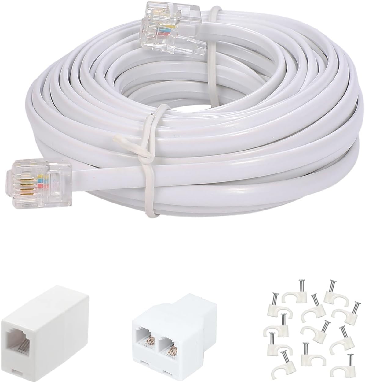 Seefeful long telephone extension cord 20 feet front view showing white flat cable wire and standard RJ11 plugs