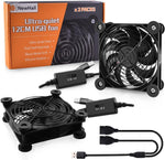 NewHail Quiet 120mm USB Cooling Fan front view highlighting the black protective metal grill and inline speed controller switch.