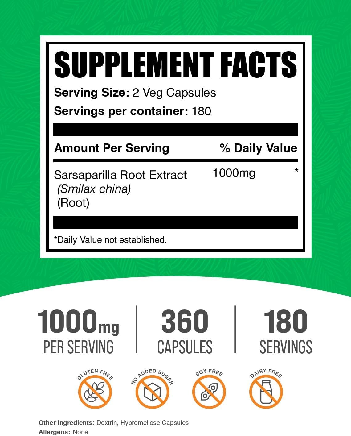 BulkSupplements herbal sarsaparilla supplement 1000mg label details