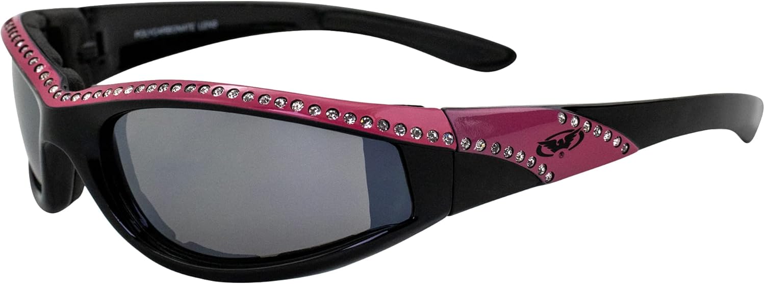 Global Vision Marilyn 11 women's padded motorcycle sunglasses front view showcasing pink rhinestone frames