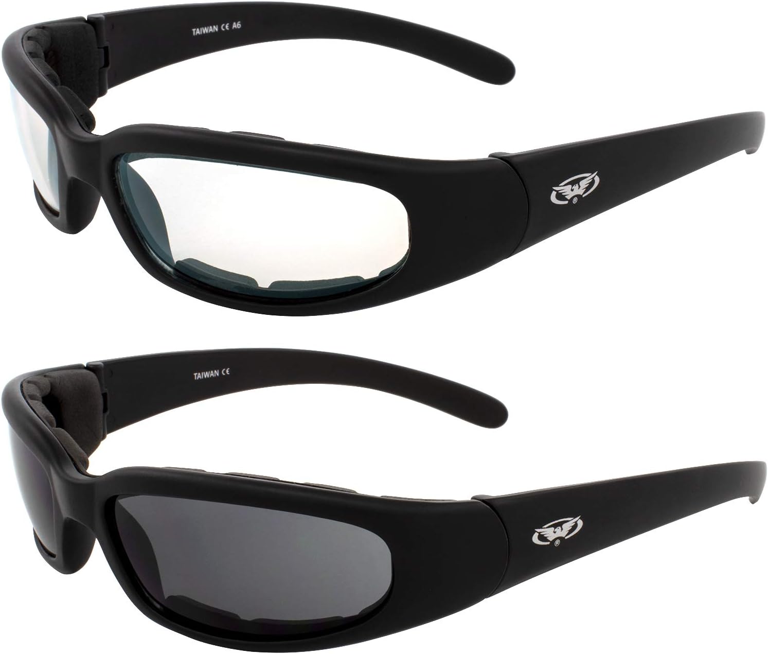 Global Vision Chicago padded motorcycle riding sunglasses front view with black frame and smoke lenses