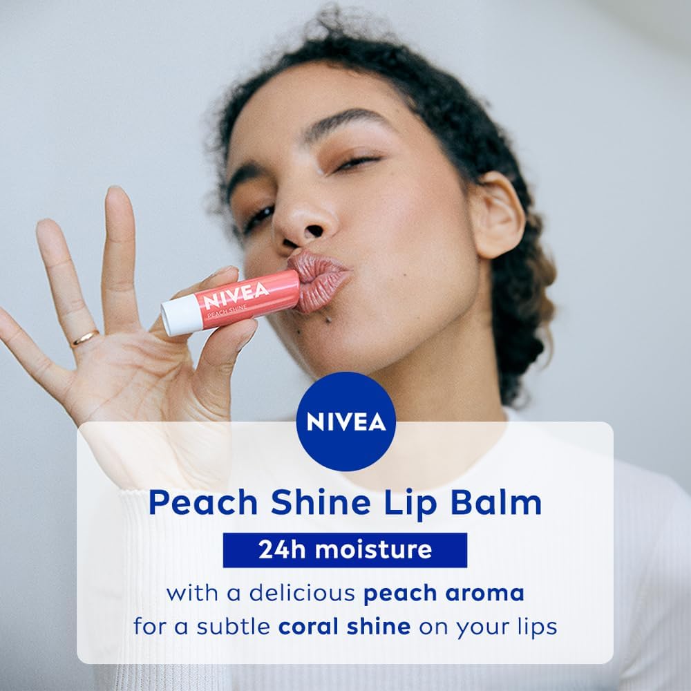 Nivea Fruity Shine Peach lip balm tube angle shot