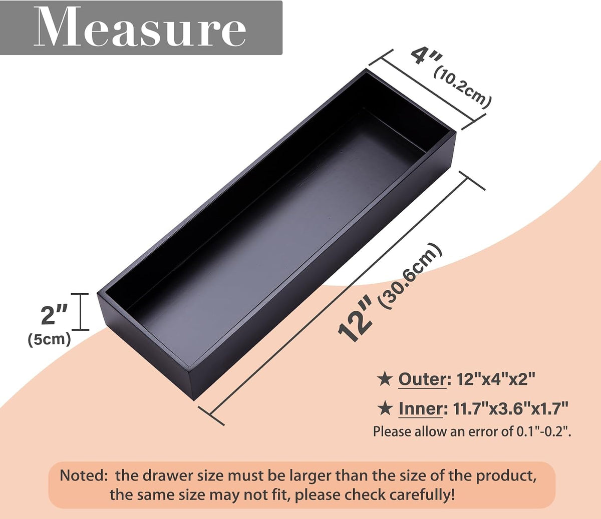 Sansnow black bamboo organizer box angled perspective showing dimensions.