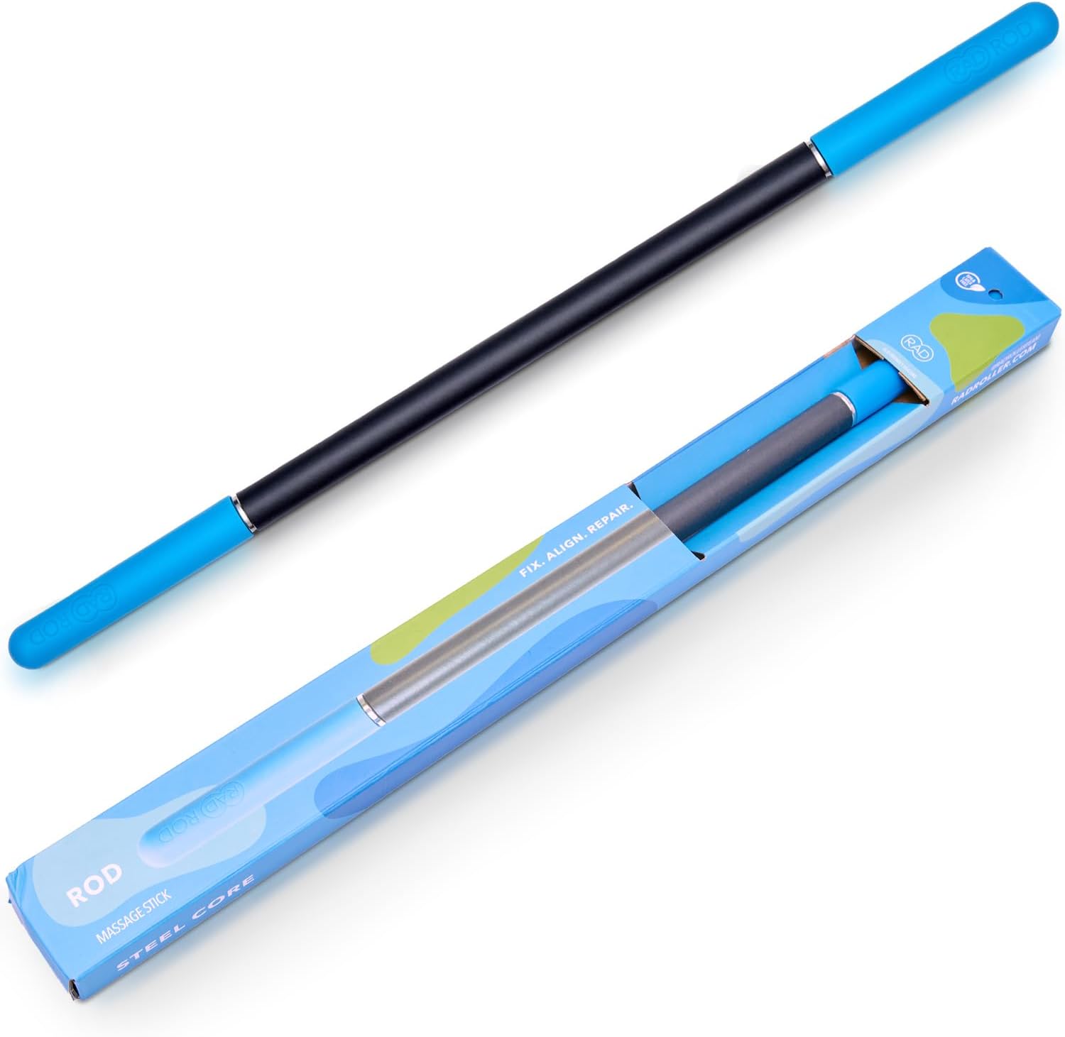 RAD Rod deep tissue massage roller stick front view highlighting the slender design.