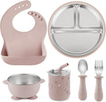 PandaEar 6-in-1 stainless steel baby feeding set pink front view