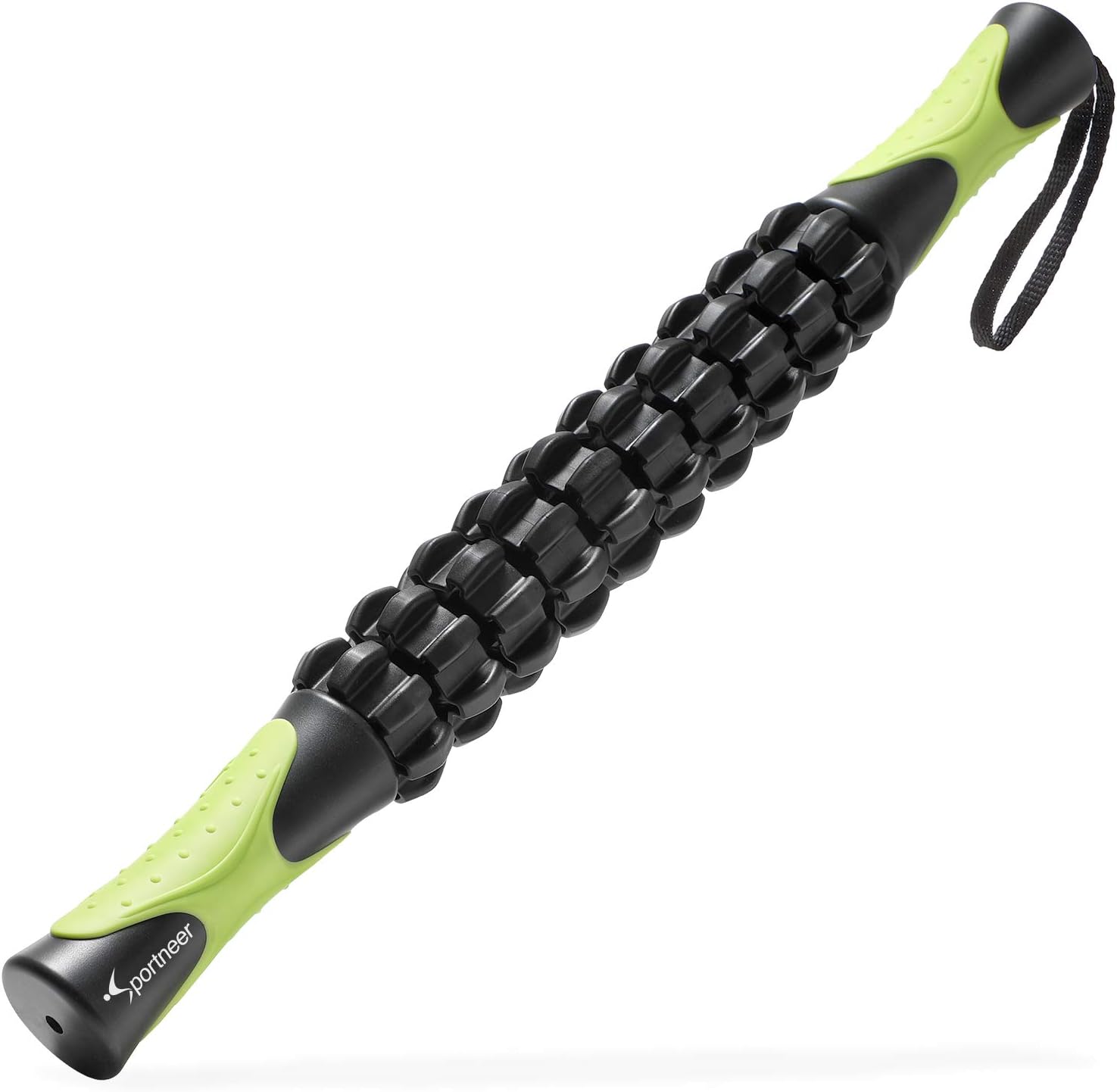 Sportneer Muscle Roller Stick Upgraded Black front view highlighting ten independent treaded gears and green handles.