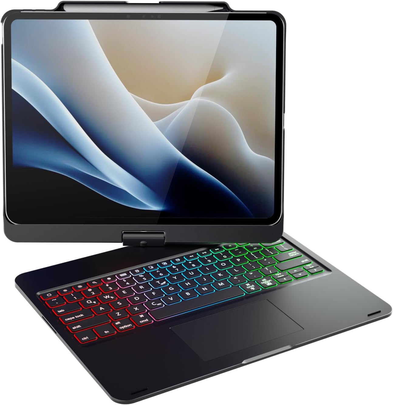 Doqo 360 rotatable keyboard case for iPad Pro thirteen inch front view showing open keyboard setup.