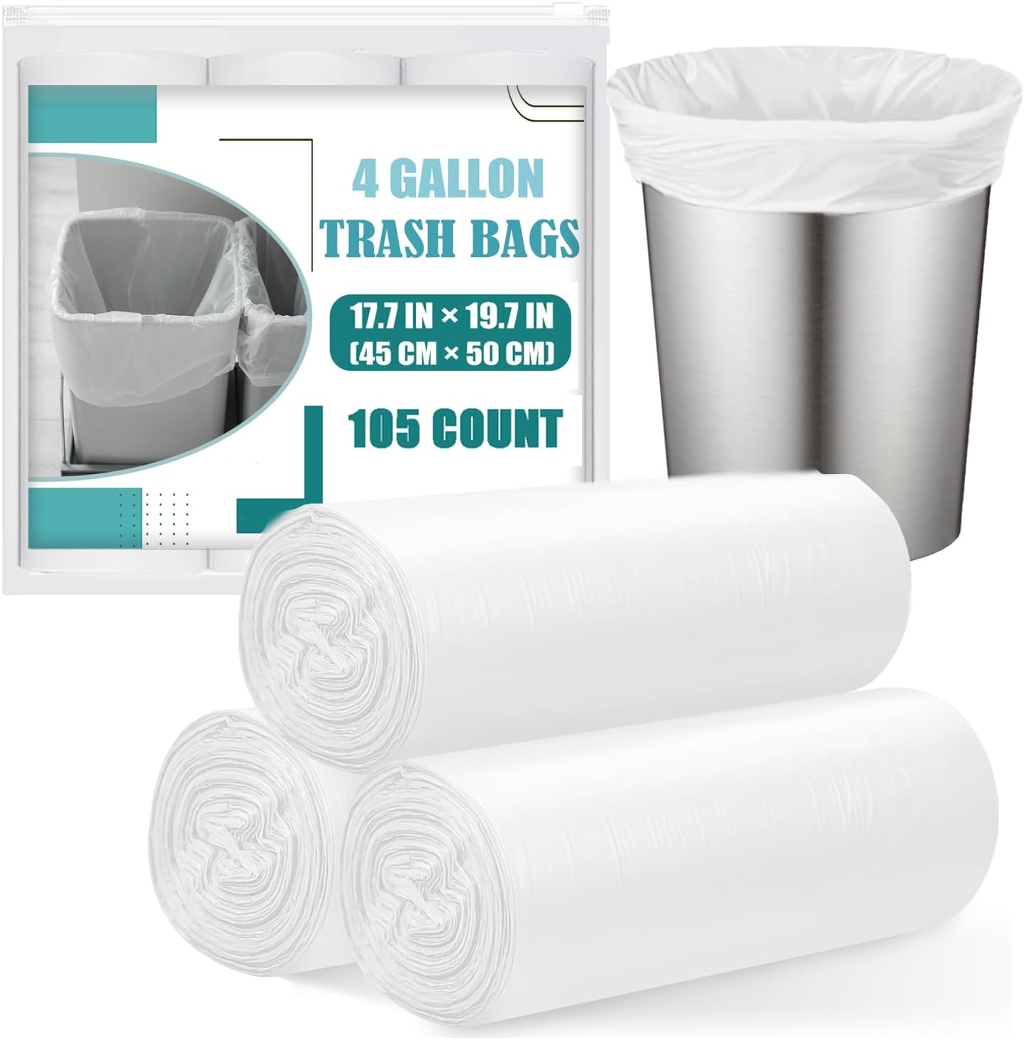 Paccolyn small trash bags four gallon pack front view showcasing unscented liners