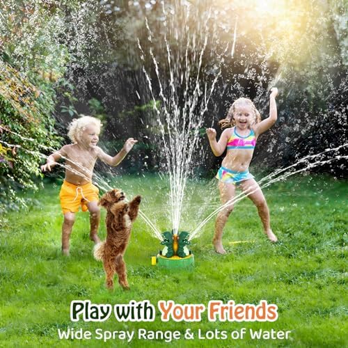 HeySplash backyard summer water sprinkler attached to a green garden hose in a grassy lawn.