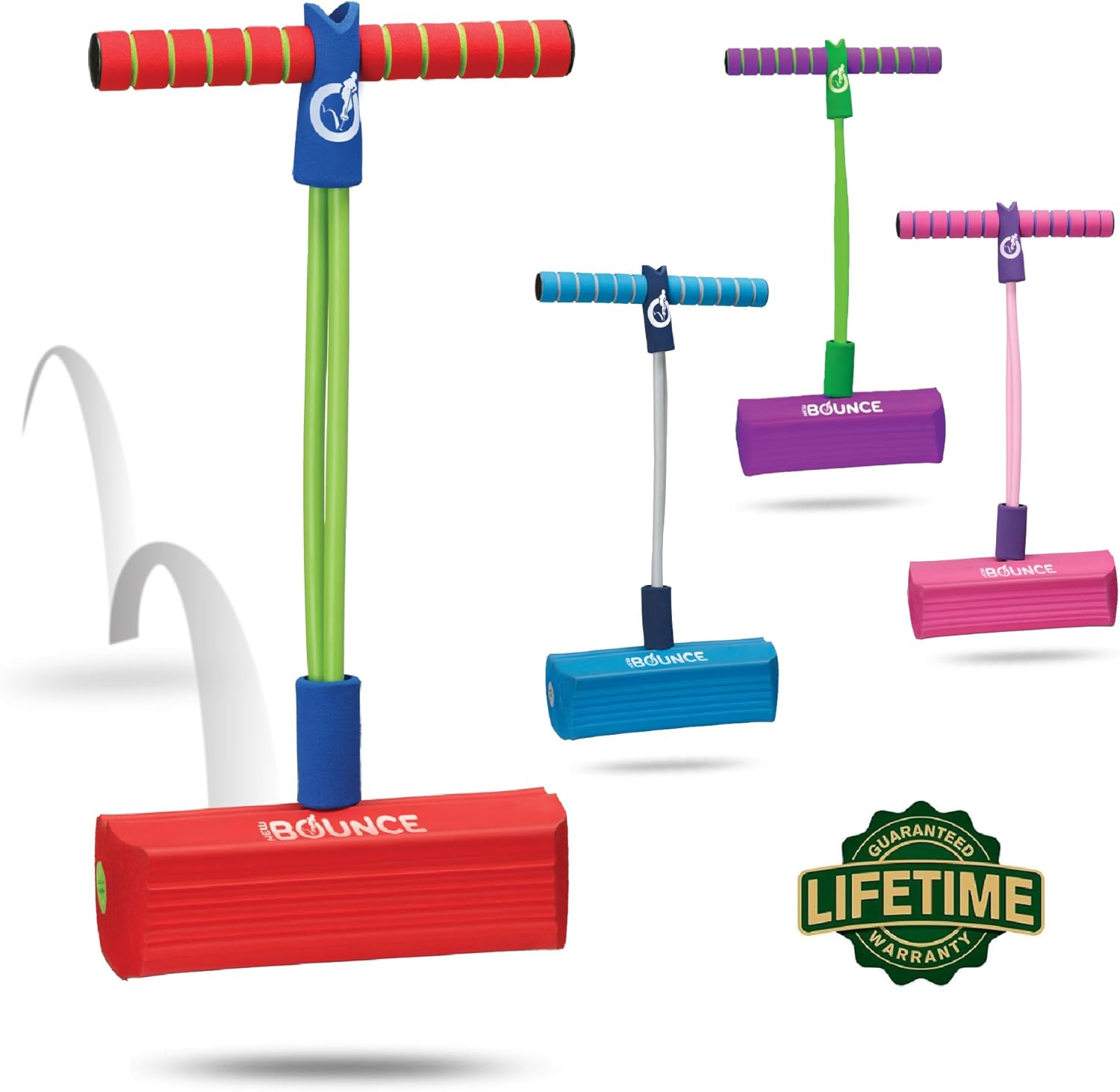 New Bounce foam pogo stick front view showing red cushioned base and soft handles.