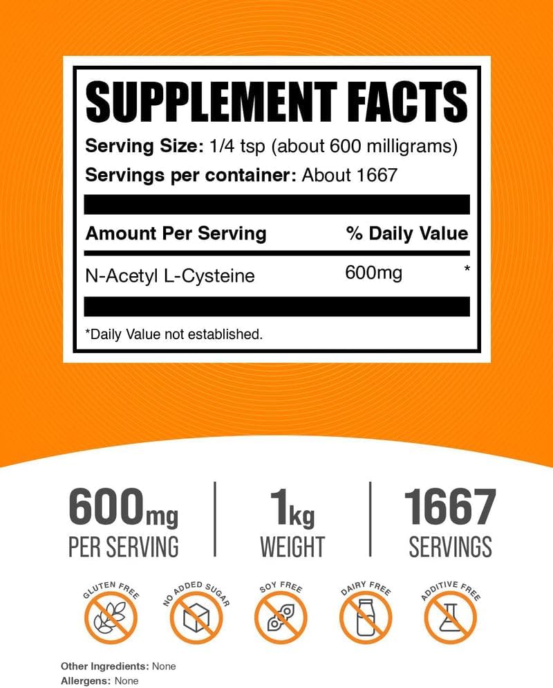 BulkSupplements N-Acetyl Cysteine unflavored powder clean formula breakdown highlighting gluten free certification.