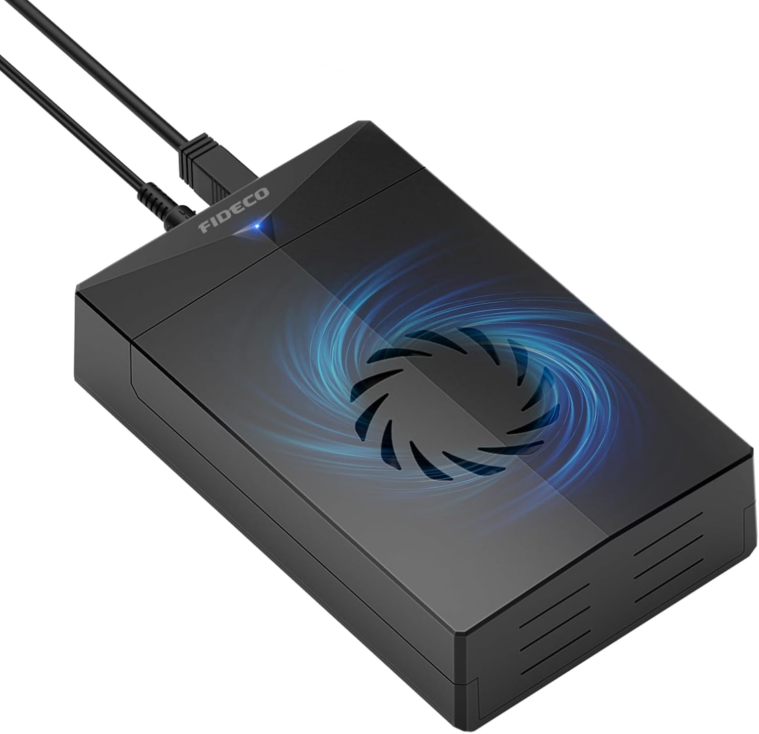 Fideco external hard drive enclosure front view showing cooling fan integration