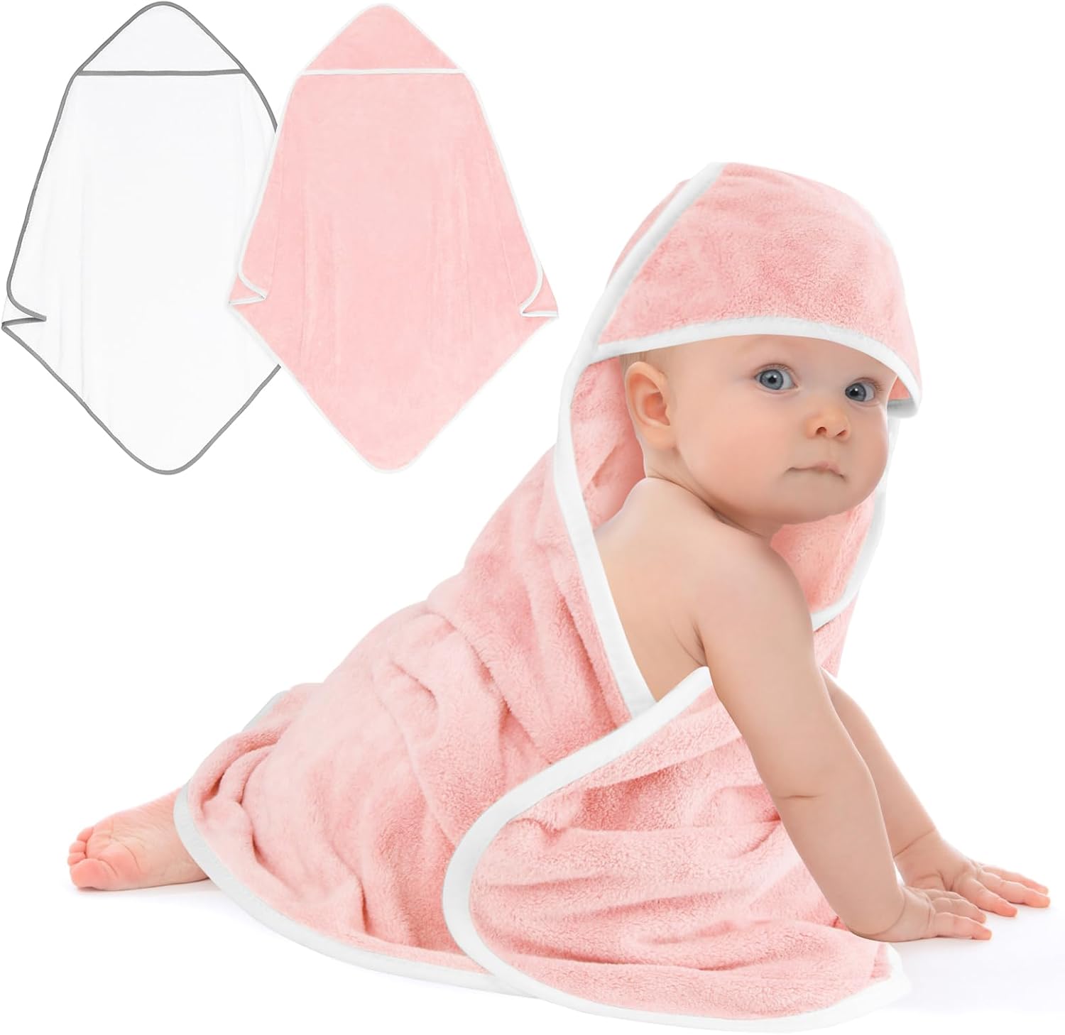 Unimade Newborn Hooded Towel 2 Pack Pink and White front view