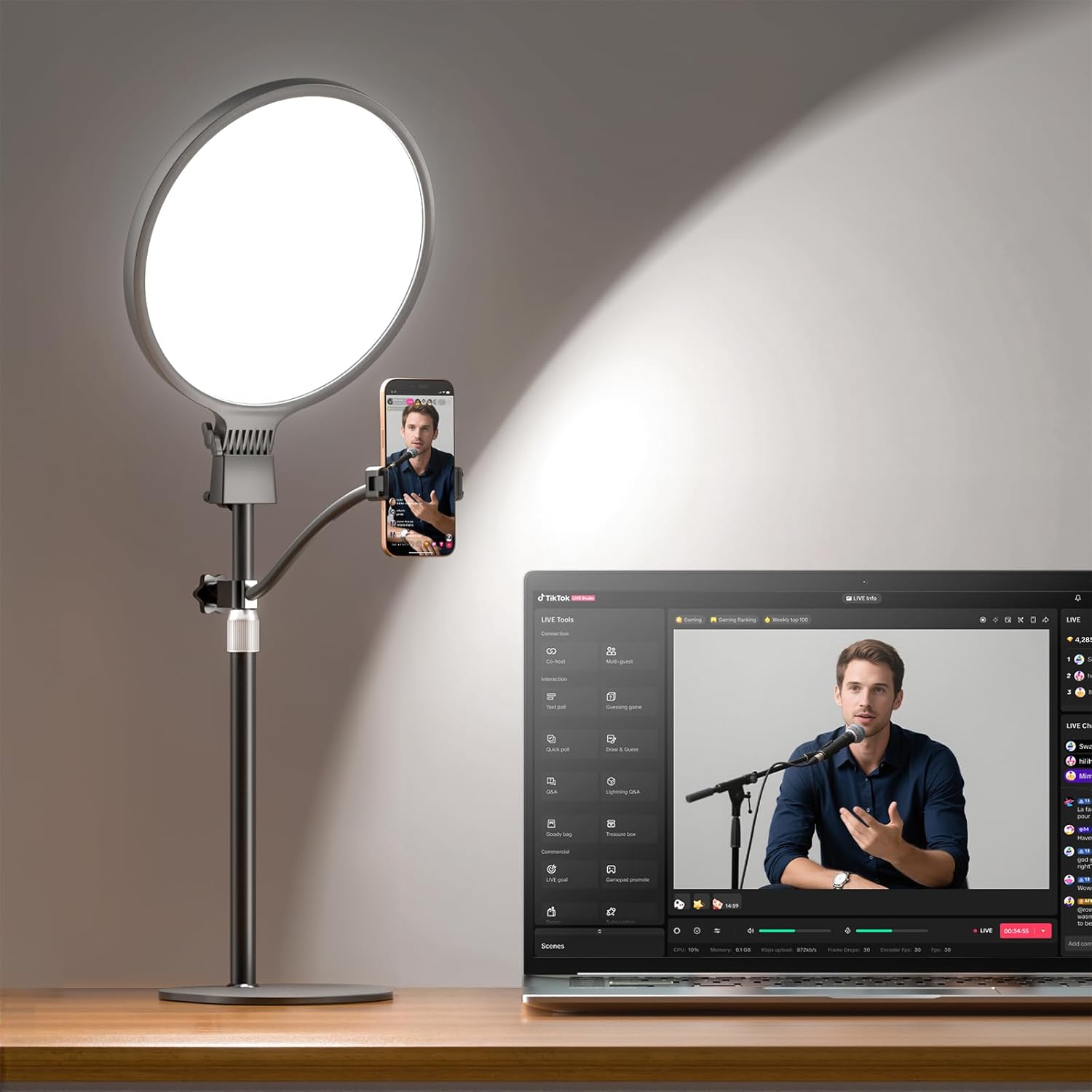 Evershop desk ring light with stand front view showing the full panel illuminated screen.