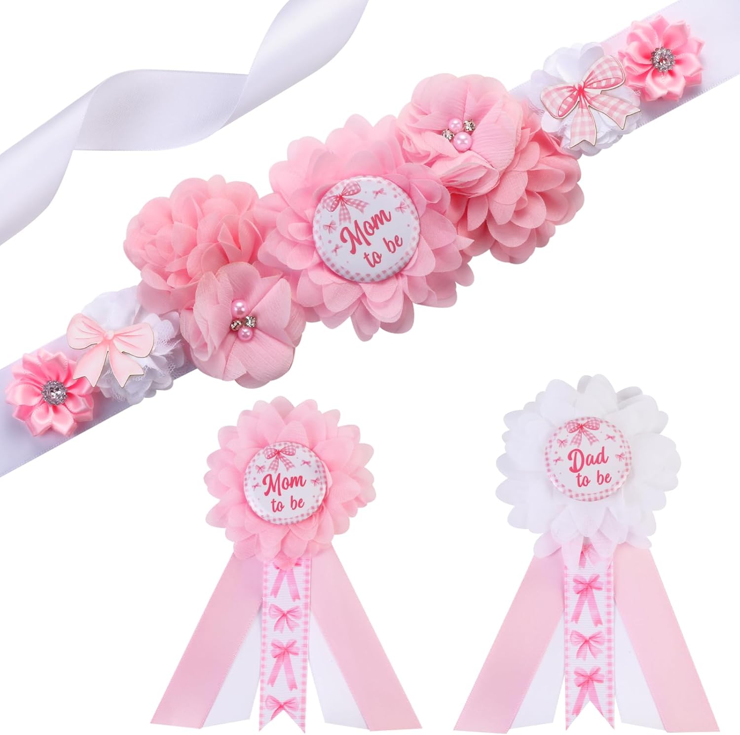 Cheerupp pink bow gender reveal maternity sash kit front view showing the floral belly belt.