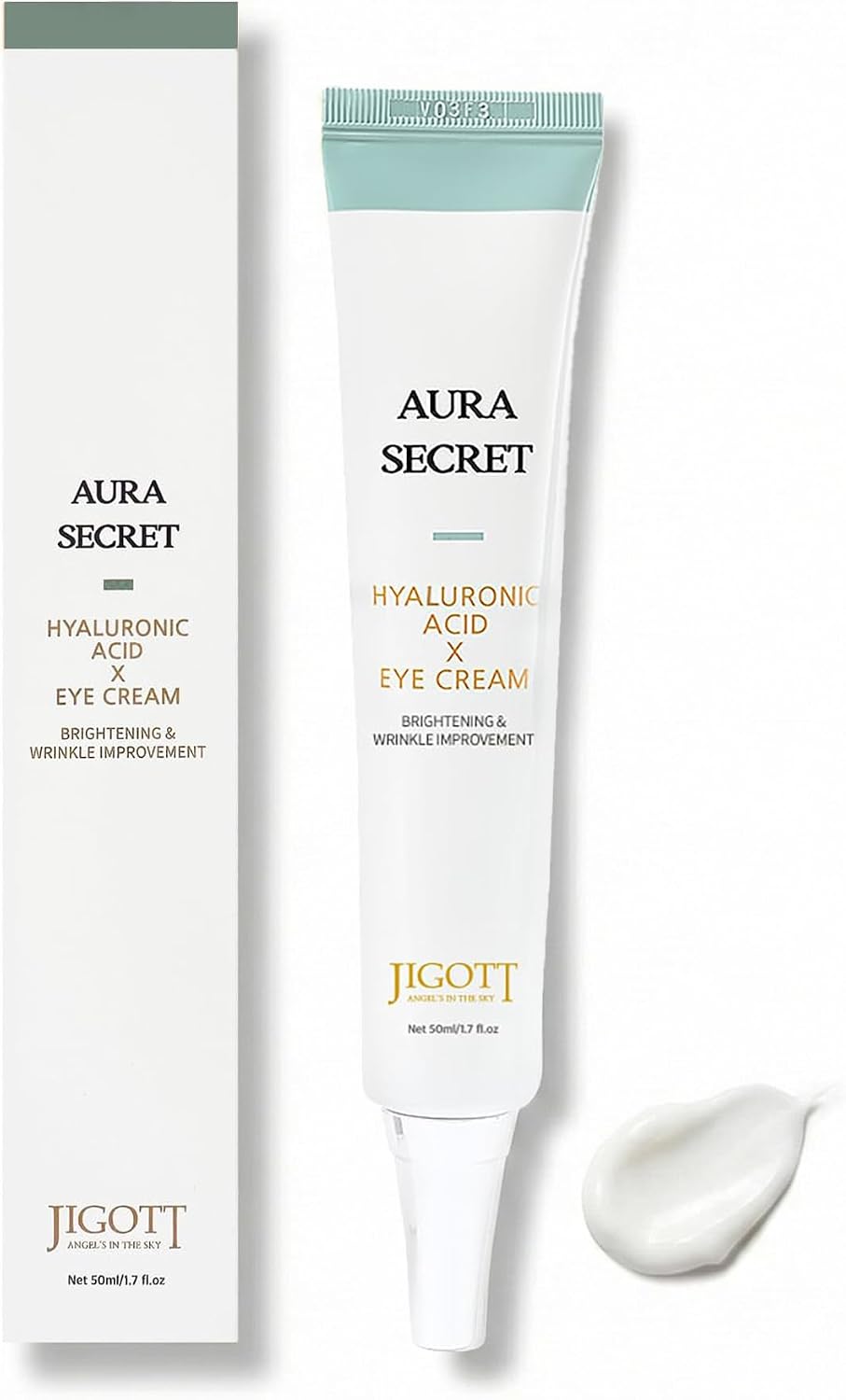 Jigott Aura Secret Hyaluronic Acid Eye Cream front view of 50 milliliter tube