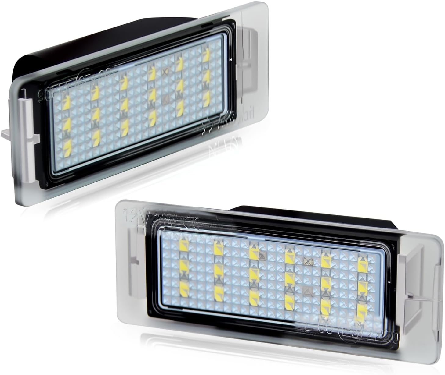 D-Lumina LED license plate light assembly front view showing bright 18 SMD chip layout for premium automotive lighting upgrades.