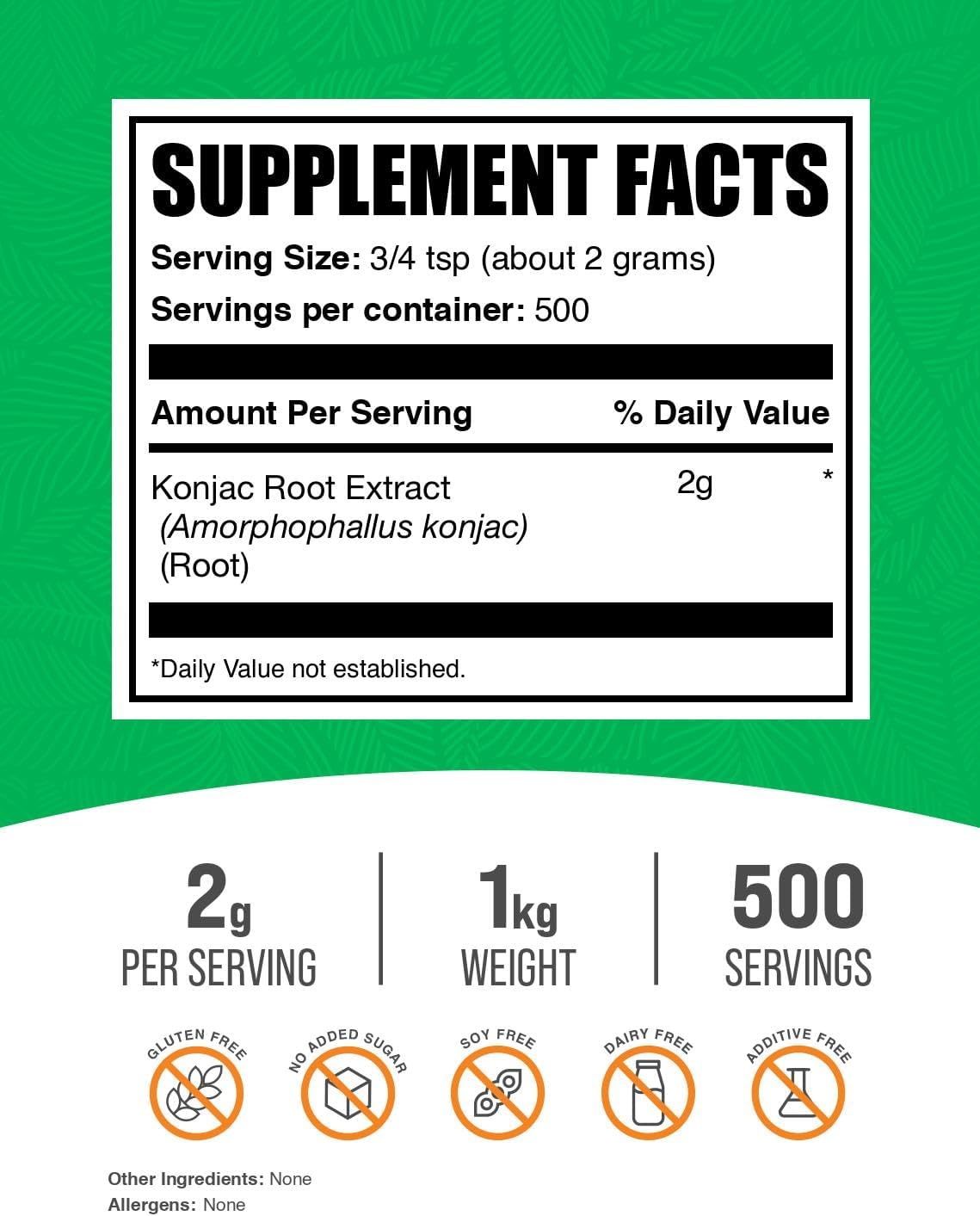 BulkSupplements 1kg Glucomannan powder nutritional label details