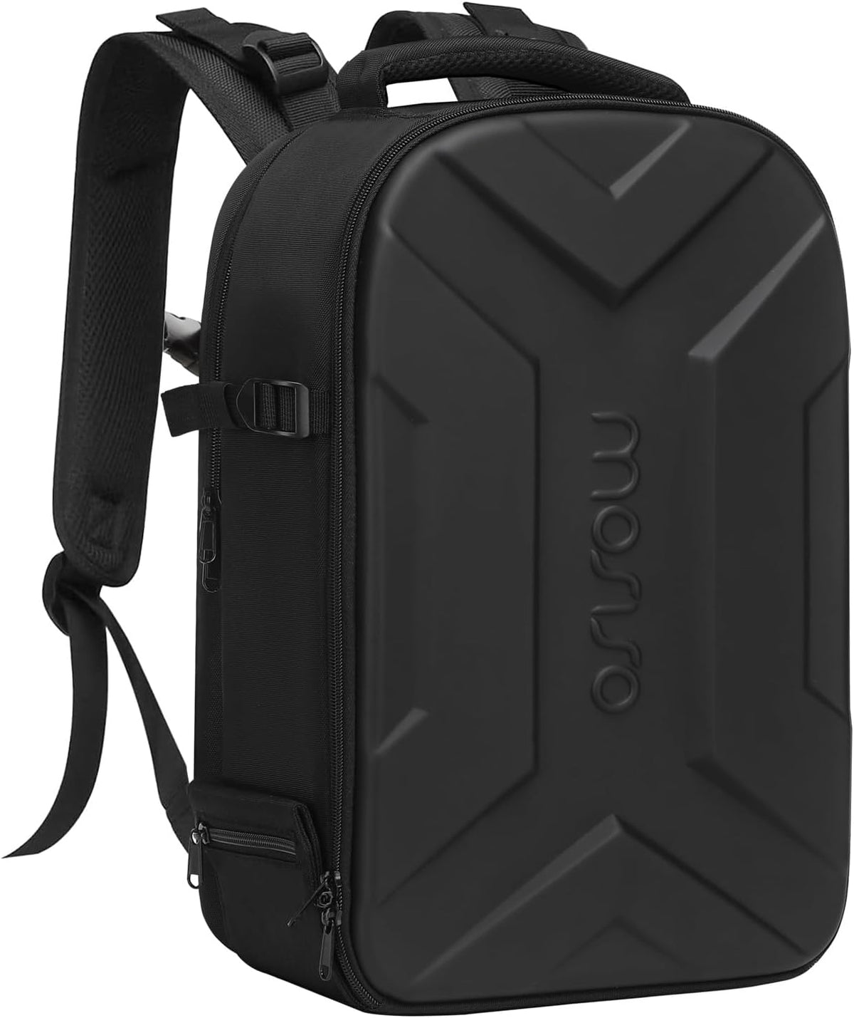 MOSISO camera backpack front view showing artistic geometric hardshell design