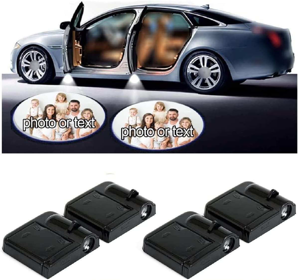 Custom Car LED Door Light Logo Projector front view showcasing the sleek black carbon fiber textured housing setup.
