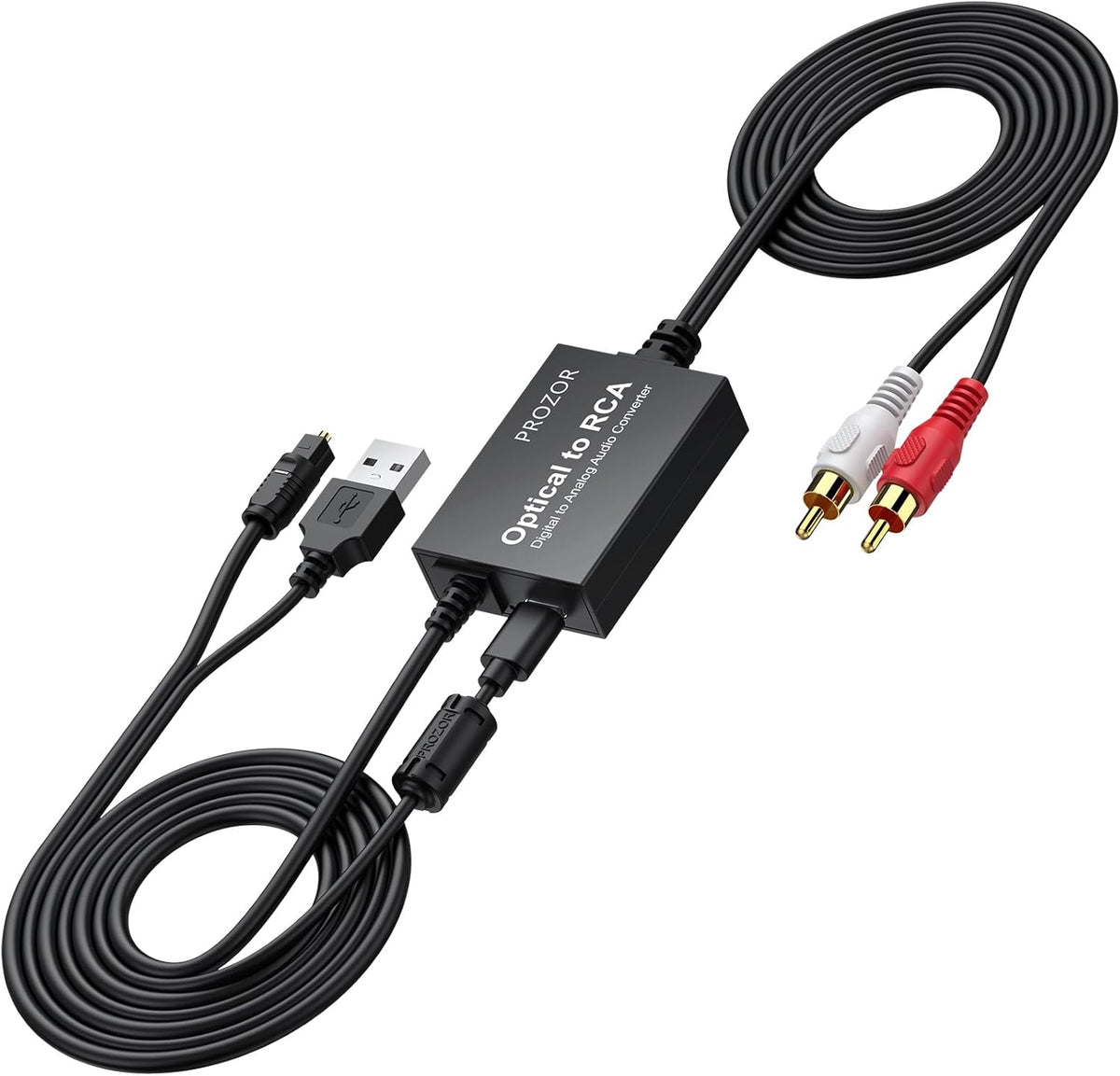 PROZOR digital to analog audio converter front view showcasing the integrated cable assembly.