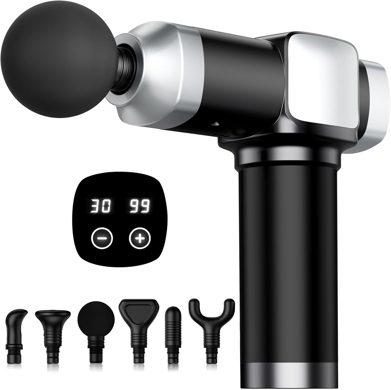 CAMEFER deep tissue massage gun front view showcasing matte black finish and digital display panel