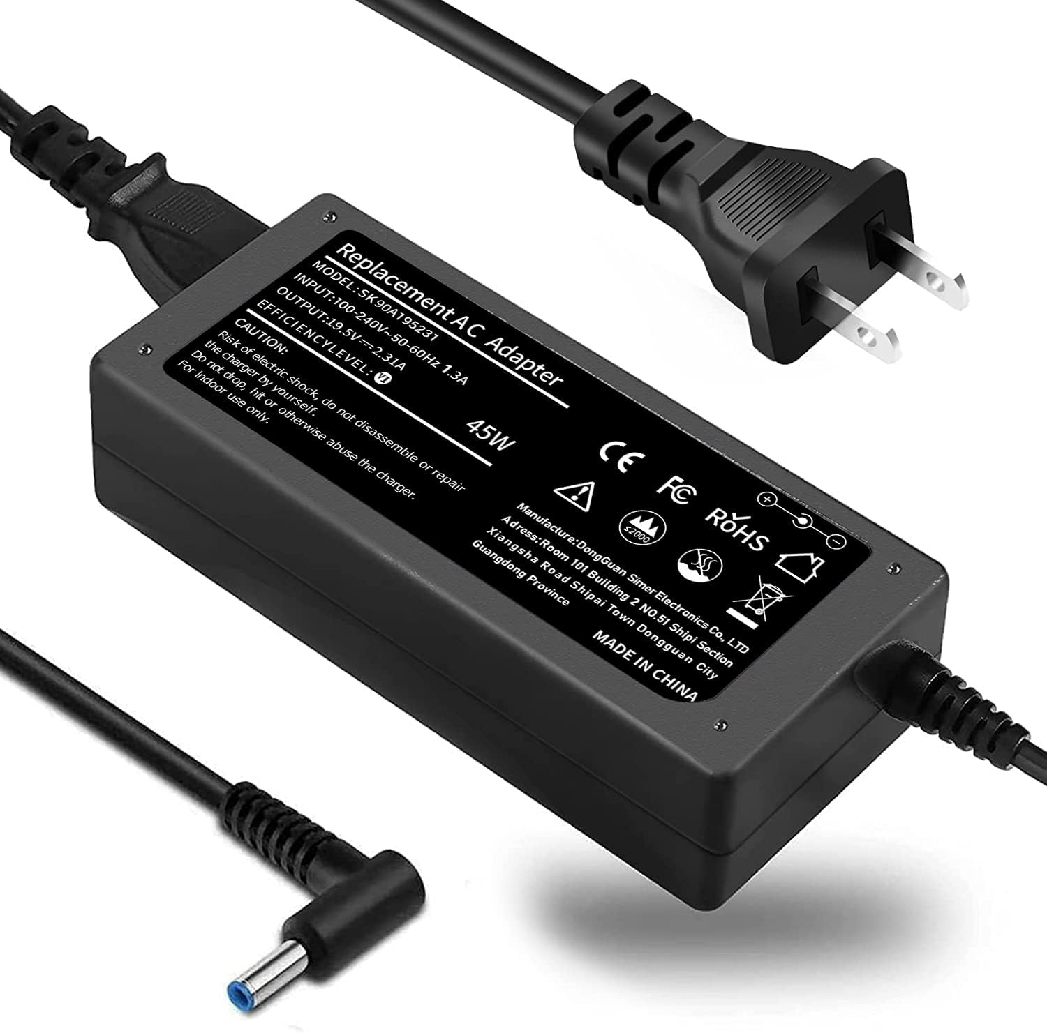 TSKYBEAR 45W HP laptop charger front view showing the power brick and smart blue tip cable.