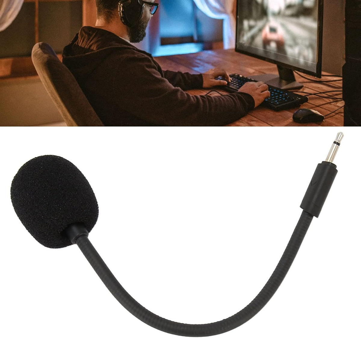 Close-up view of the flexible bendable microphone arm and foam cover