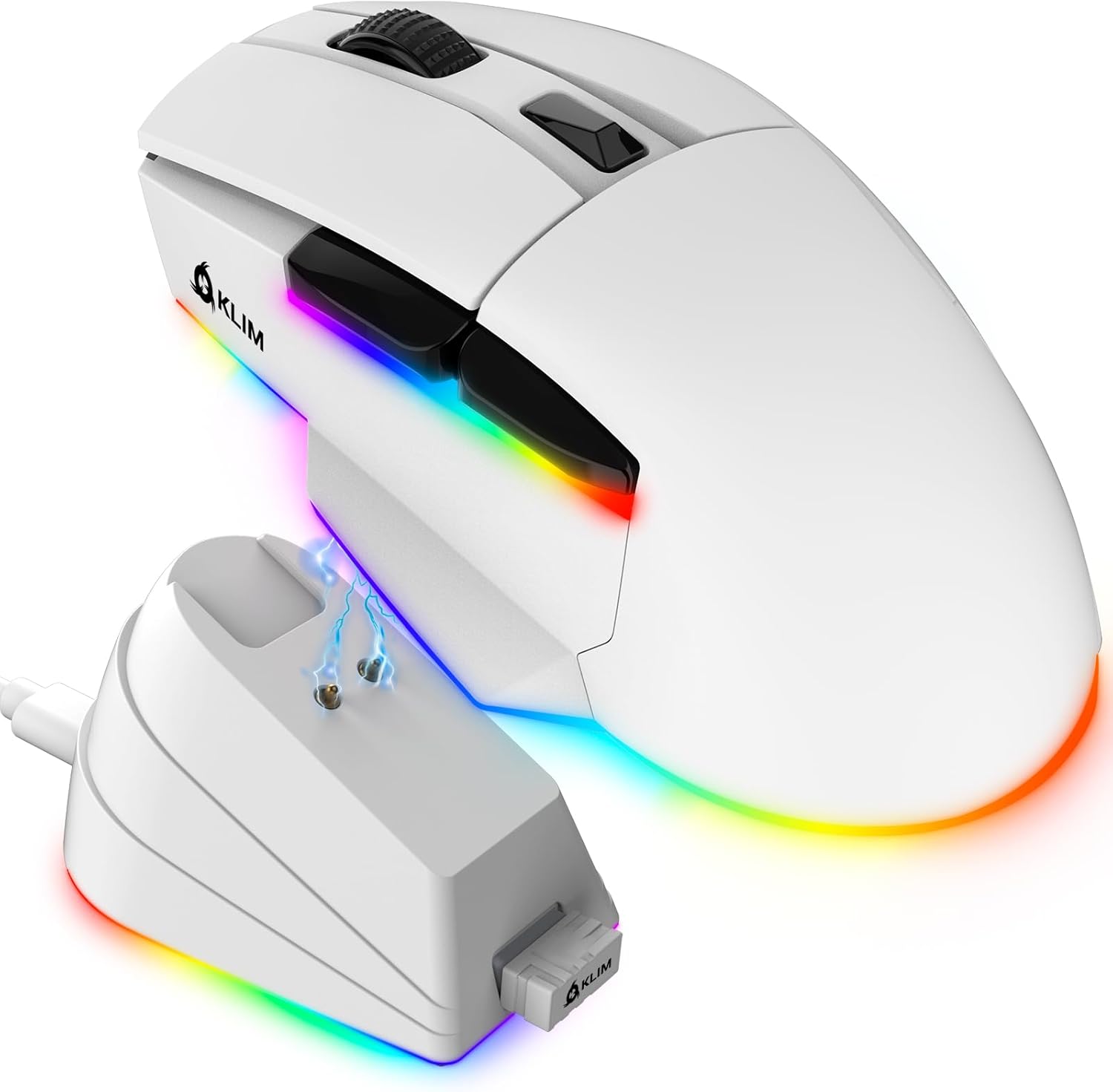 KLIM Blaze X RGB wireless gaming mouse in white with charging dock front view