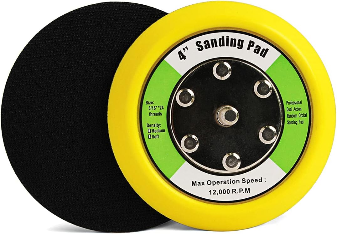 SUBRILLI 4 Inch Hook and Loop Backing Plates front view displaying yellow polyurethane design and threaded core