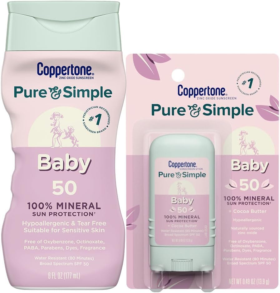 Coppertone Pure and Simple Baby Mineral Sunscreen combo pack front view showcasing lotion bottle and stick.