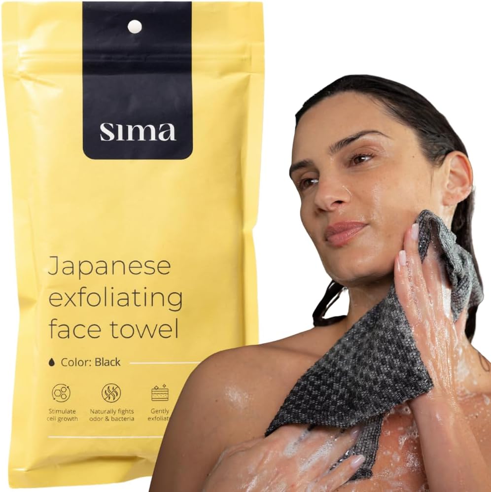 Sima Brand Japanese exfoliating face and body scrub towel black front view