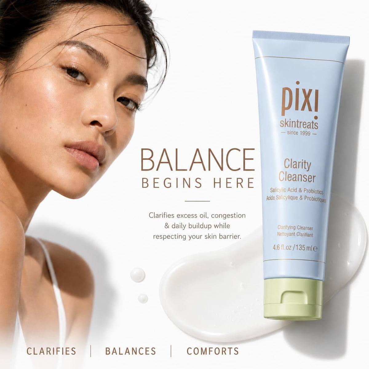 Pixi salicylic acid cleanser texture sample showing clear exfoliating gel consistency for blemish control